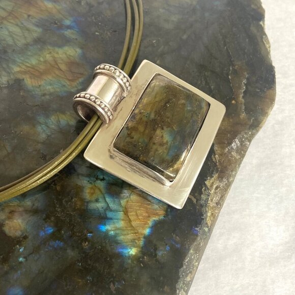 Sterling Silver 925 Chunky Rectangular Labradorite Slide Pendant Necklace 18" - Picture 11 of 16